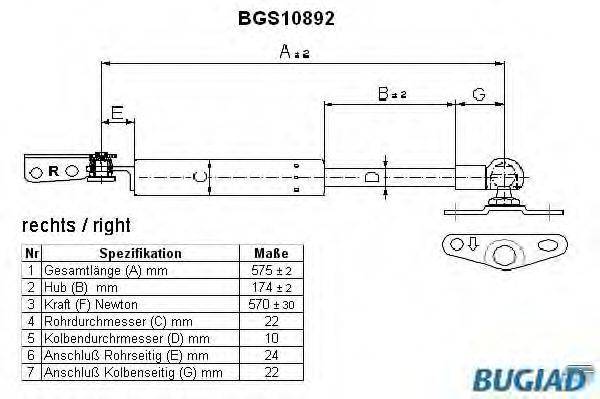 BUGIAD BGS10892 Газова пружина, кришка багажника