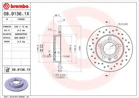 BREMBO 0891361X гальмівний диск