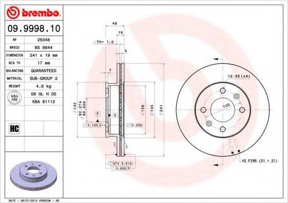 BREMBO 09999810 гальмівний диск